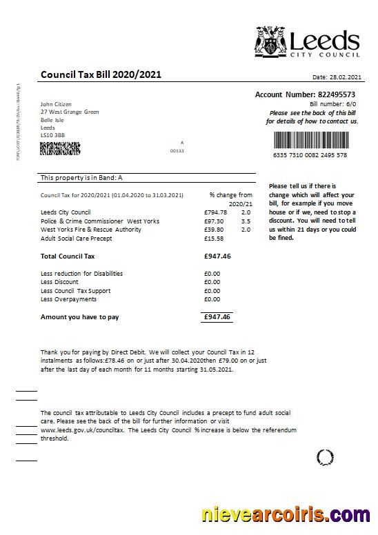 United Kingdom Leeds City Council tax bill